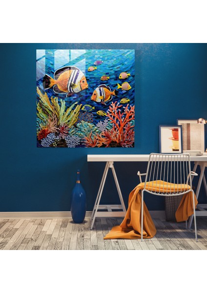 Tropikal Cam Baskı - Renkli Mercan Kayalığı Balıklarından Oluşan Cam Mozaik - Tropikal, Modern Sanat, Duvar Dekorasyonu, Cam Sanatı, 30X30 modelleri