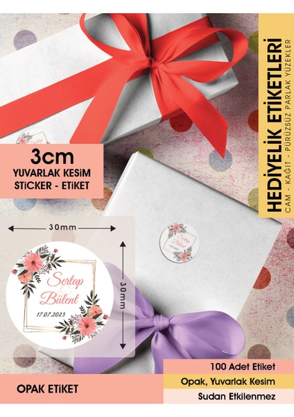 Suluboya Çiçek Modeli-4 Düğün Ürünlerinize Özel 3cm - 100 Adet Opak Sticker