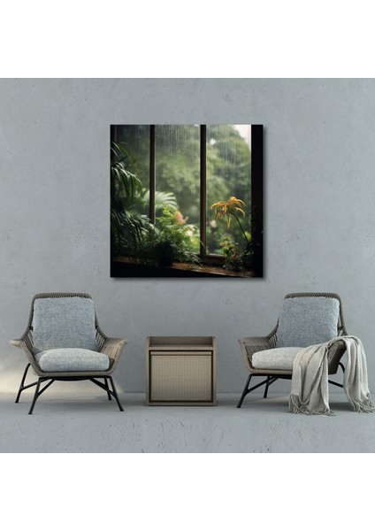 Yağmurlu Pencere Kanvas Tablo Duvar Dekorasyonu - Yağmur, Ev Dekorasyonu, Kanvas Tablo, Yemyeşil Bahçe, 30X30