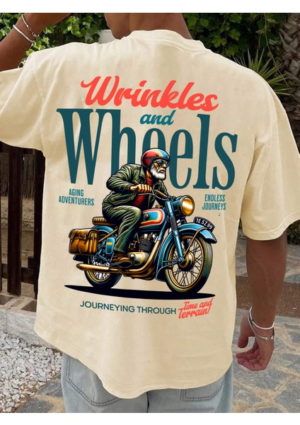 Oversize Baskılı Bej Renk Salaş T-Shirt Pamuk