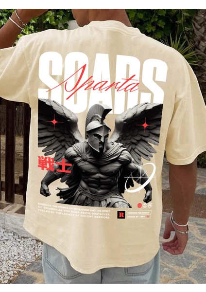 Oversize Baskılı Bej Renk Salaş T-Shirt %100 Pamuk