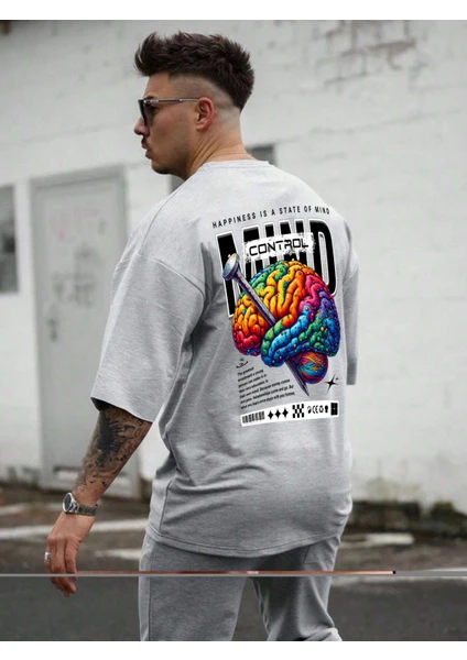 Oversize Baskılı  Gri Renk Salaş T-Shirt %100 Pamuk