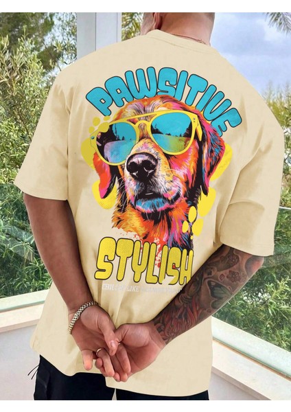 Oversize Baskılı Bej Renk Salaş T-Shirt %100 Pamuk fırsatları