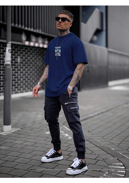 Oversize Baskılı Lacivert Renk Salaş T-Shirt %100 Pamuk