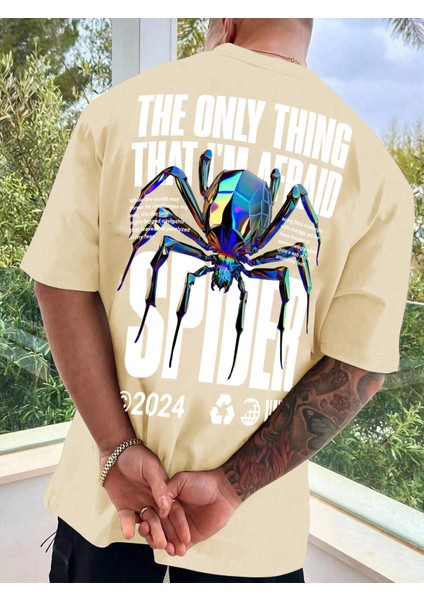Oversize Baskılı Bej Renk Salaş T-Shirt %100 Pamuk