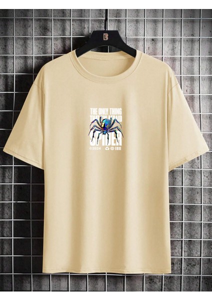 Oversize Baskılı Bej Renk Salaş T-Shirt %100 Pamuk fırsatları