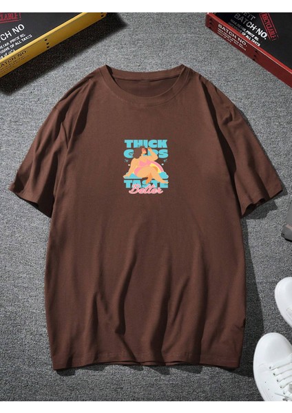 Oversize Baskılı Kahverengi Renk Salaş T-Shirt %100 Pamuk modelleri