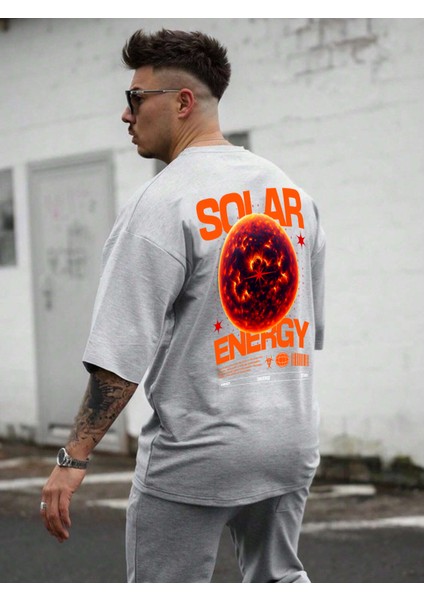 Oversize Baskılı Gri Renk Salaş T-Shirt %100 Pamuk