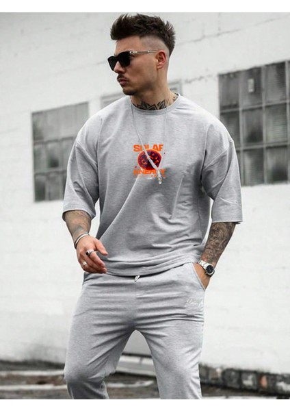 Oversize Baskılı Gri Renk Salaş T-Shirt %100 Pamuk fiyatları