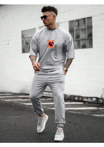Oversize Baskılı Gri Renk Salaş T-Shirt %100 Pamuk modelleri