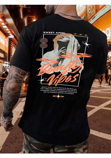 Oversize Baskılı Siyah Renk Salaş T-Shirt %100 Pamuk