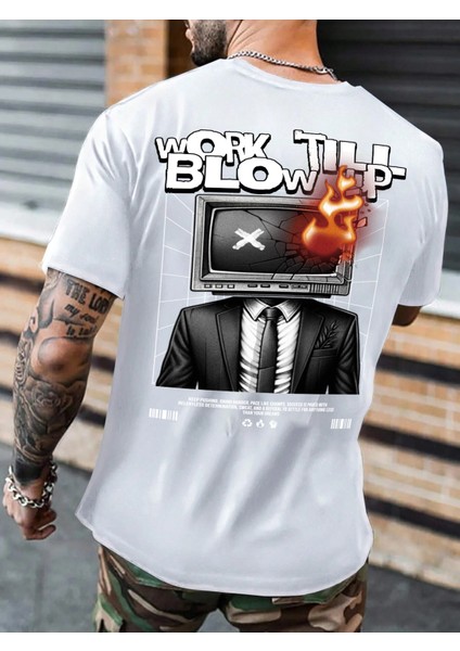 Oversize Baskılı Beyaz Renk Salaş T-Shirt Pamuk