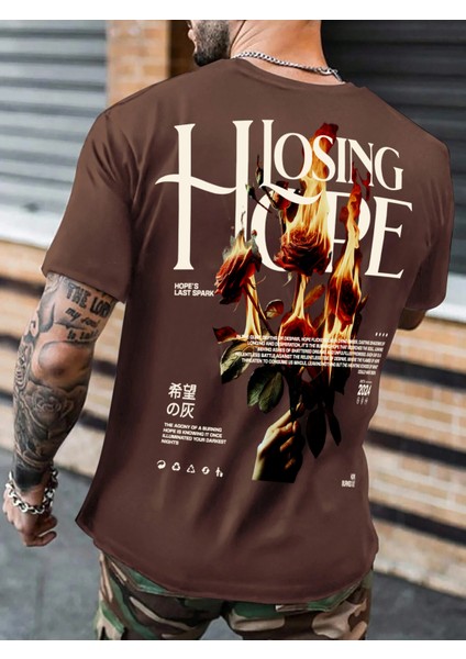 Oversize Baskılı Kahverengi Renk Salaş T-Shirt %100 Pamuk