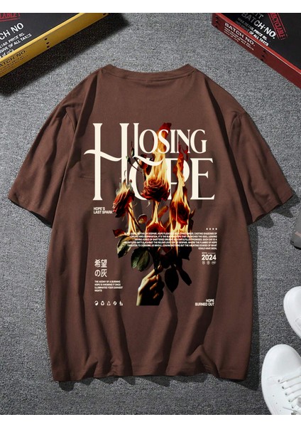 Oversize Baskılı Kahverengi Renk Salaş T-Shirt %100 Pamuk modelleri
