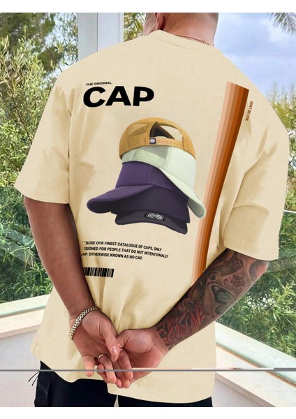 Oversize Baskılı Bej Renk Salaş T-Shirt %100 Pamuk