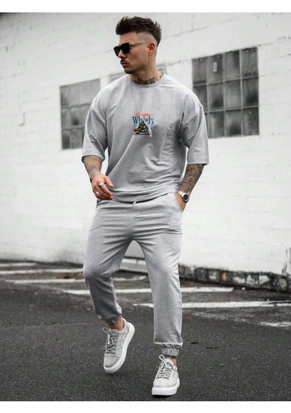 Oversize Baskılı Gri Renk Salaş T-Shirt %100 Pamuk modelleri