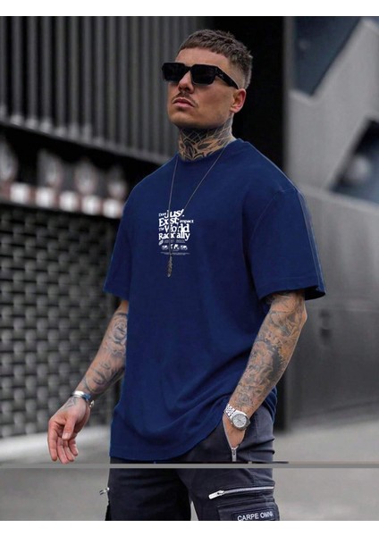 Oversize Baskılı Lacivert Renk Salaş T-Shirt %100 Pamuk