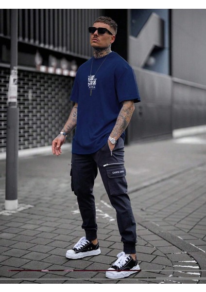 Oversize Baskılı Lacivert Renk Salaş T-Shirt %100 Pamuk fiyatları