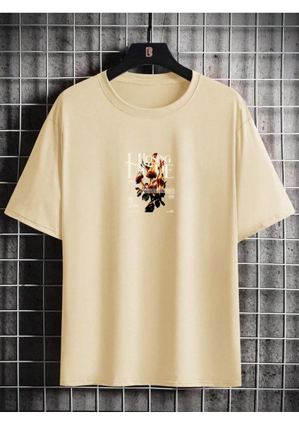 Oversize Baskılı Bej Renk Salaş T-Shirt %100 Pamuk modelleri