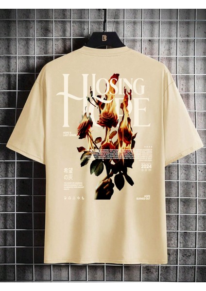Oversize Baskılı Bej Renk Salaş T-Shirt %100 Pamuk fırsatları