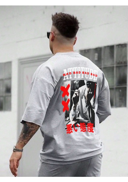 Oversize Baskılı Gri Renk Salaş T-Shirt %100 Pamuk fırsatları