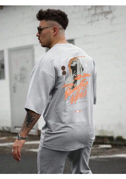 Oversize Baskılı Gri Renk Salaş T-Shirt %100 Pamuk fiyatları