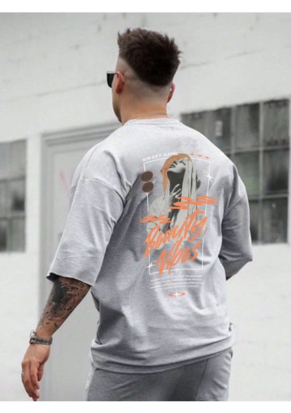 Oversize Baskılı Gri Renk Salaş T-Shirt %100 Pamuk modelleri