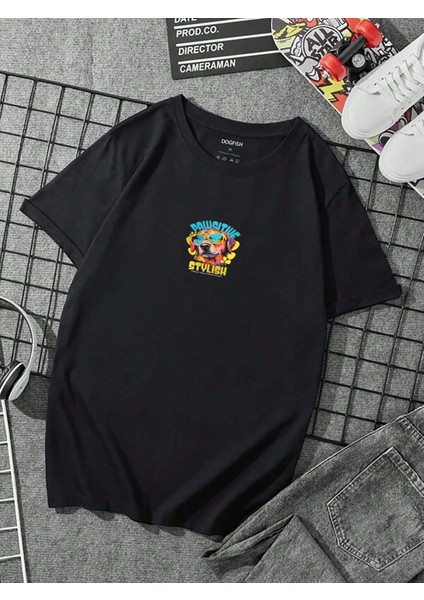Oversize Baskılı Siyah Renk Salaş T-Shirt %100 Pamuk