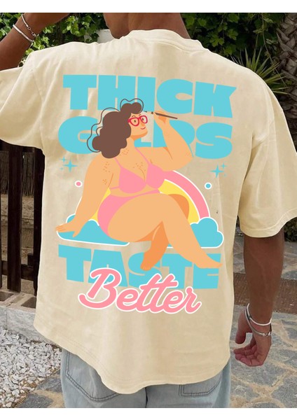 Oversize Baskılı Bej Renk Salaş T-Shirt %100 Pamuk