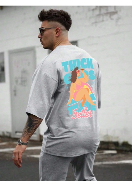 Oversize Baskılı Gri Renk Salaş T-Shirt %100 Pamuk