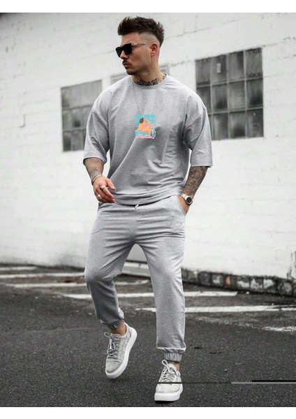 Oversize Baskılı Gri Renk Salaş T-Shirt %100 Pamuk fırsatları