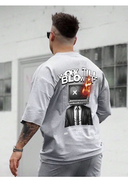 Oversize Baskılı Gri Renk Salaş T-Shirt %100 Pamuk fırsatları