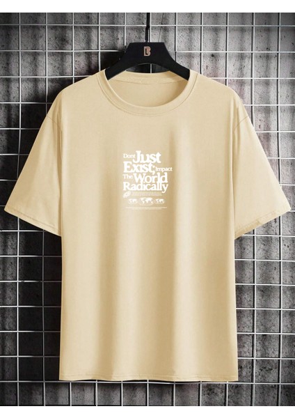 Oversize Baskılı Bej Renk Salaş T-Shirt %100 Pamuk modelleri