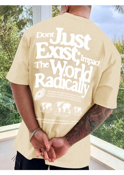 Oversize Baskılı Bej Renk Salaş T-Shirt %100 Pamuk fırsatları