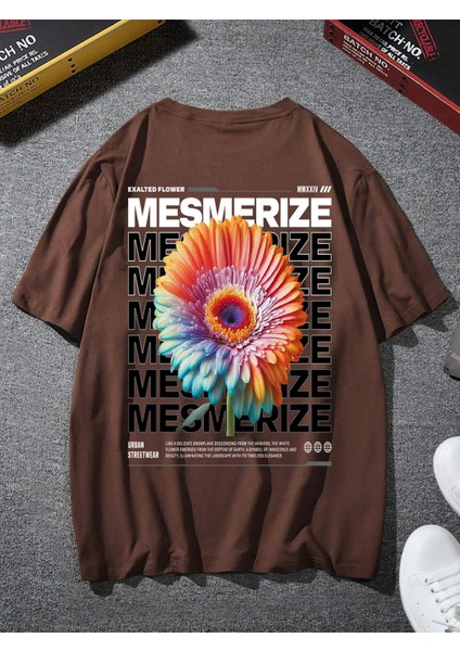 Oversize Baskılı  Kahverengi Renk Salaş T-Shirt %100 Pamuk