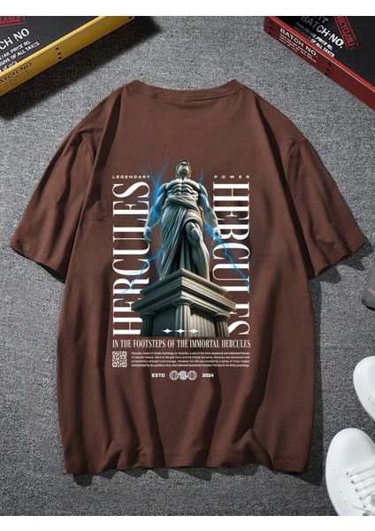Oversize Baskılı Kahverengi Renk Salaş T-Shirt %100 Pamuk