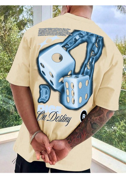 Oversize Baskılı Bej Renk Salaş T-Shirt %100 Pamuk