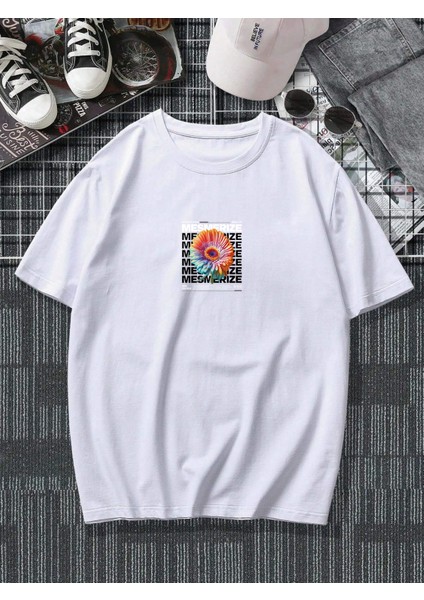 Oversize Baskılı Beyaz Renk Salaş T-Shirt %100 Pamuk