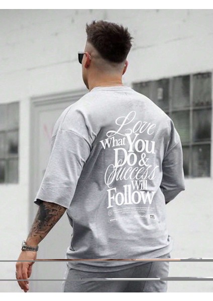 Oversize Baskılı Gri Renk Salaş T-Shirt %100 Pamuk