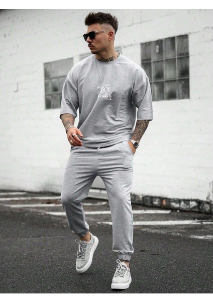 Oversize Baskılı Gri Renk Salaş T-Shirt %100 Pamuk fırsatları