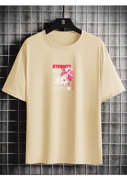 Oversize Baskılı Bej Renk Salaş T-Shirt %100 Pamuk modelleri