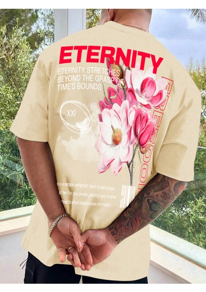 Oversize Baskılı Bej Renk Salaş T-Shirt %100 Pamuk fırsatları