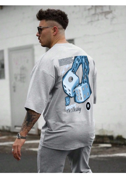 Oversize Baskılı Gri Renk Salaş T-Shirt %100 Pamuk