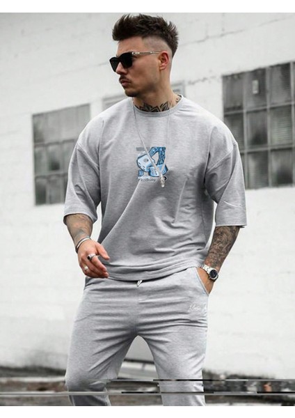 Oversize Baskılı Gri Renk Salaş T-Shirt %100 Pamuk fırsatları