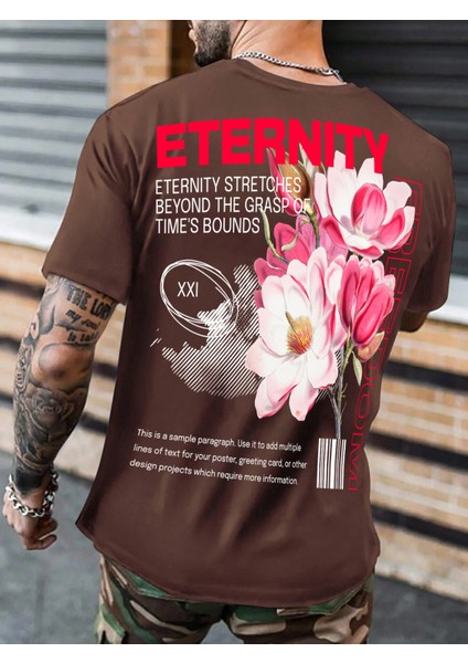 Oversize Baskılı Kahverengi Renk Salaş T-Shirt %100 Pamuk