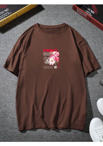 Oversize Baskılı Kahverengi Renk Salaş T-Shirt %100 Pamuk fiyatları