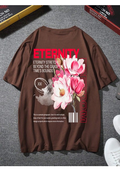 Oversize Baskılı Kahverengi Renk Salaş T-Shirt %100 Pamuk modelleri