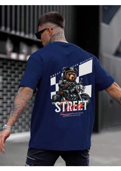 Oversize Baskılı Lacivert Renk Salaş T-Shirt %100 Pamuk