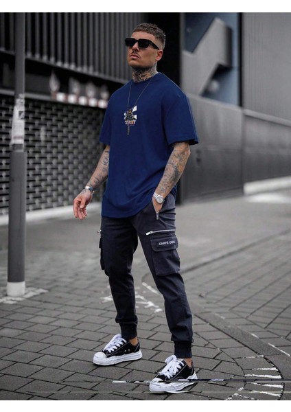Oversize Baskılı Lacivert Renk Salaş T-Shirt %100 Pamuk modelleri