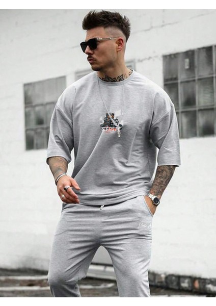 Oversize Baskılı Gri Renk Salaş T-Shirt %100 Pamuk fırsatları